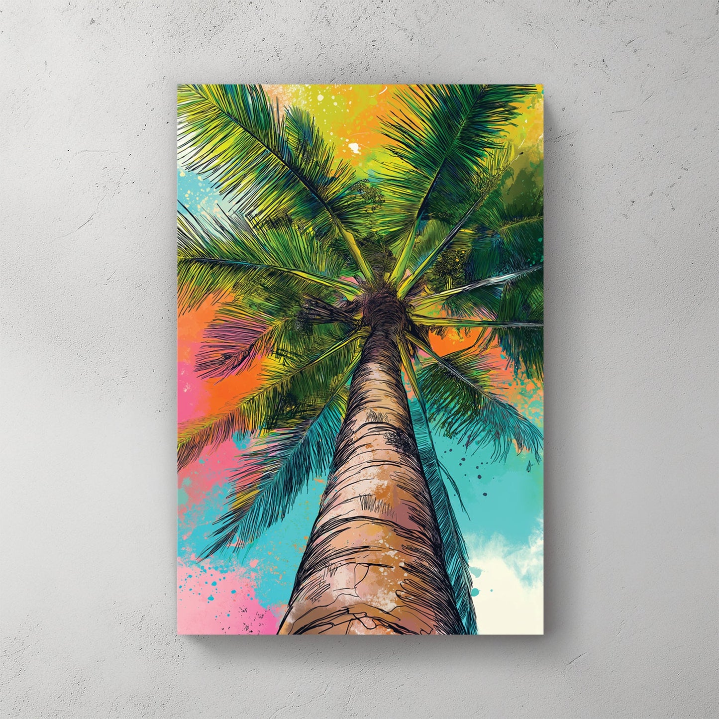 Palm tree illustration in neon green, yellow, pink, and teal colours viewed from below