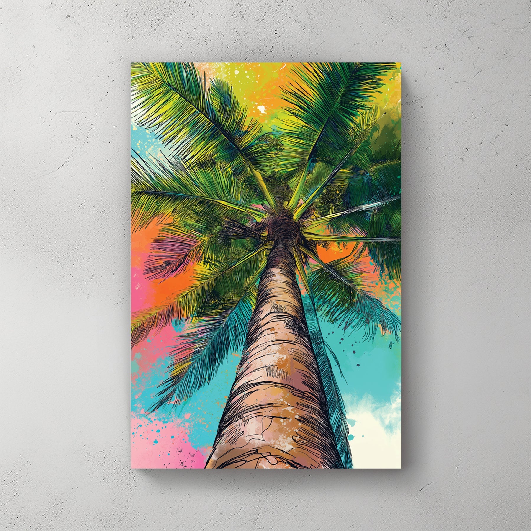 Palm tree illustration in neon green, yellow, pink, and teal colours viewed from below