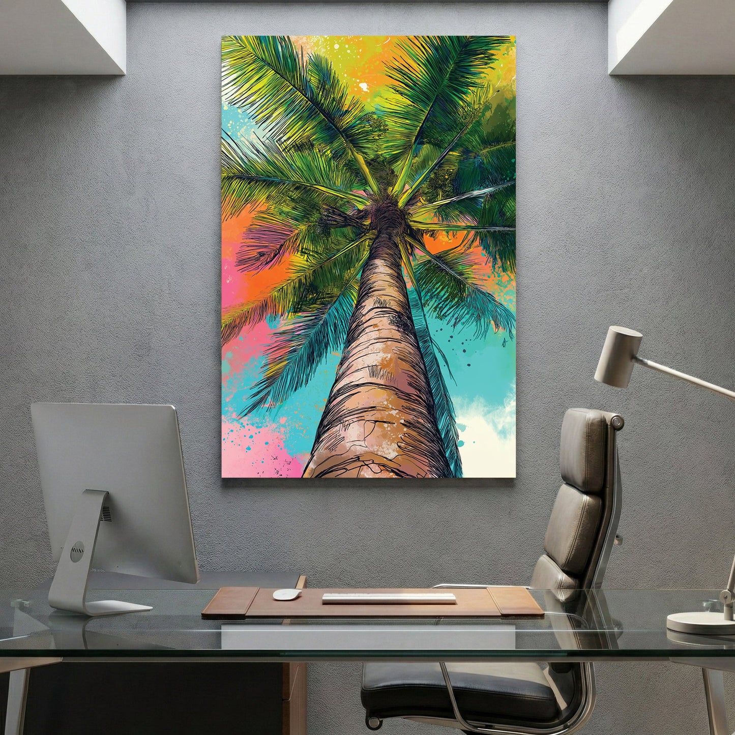 Palm tree illustration in neon green, yellow, pink, and teal colours viewed from below