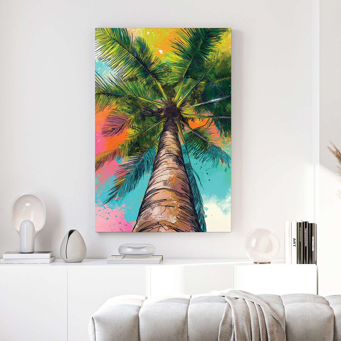 Palm tree illustration in neon green, yellow, pink, and teal colours viewed from below