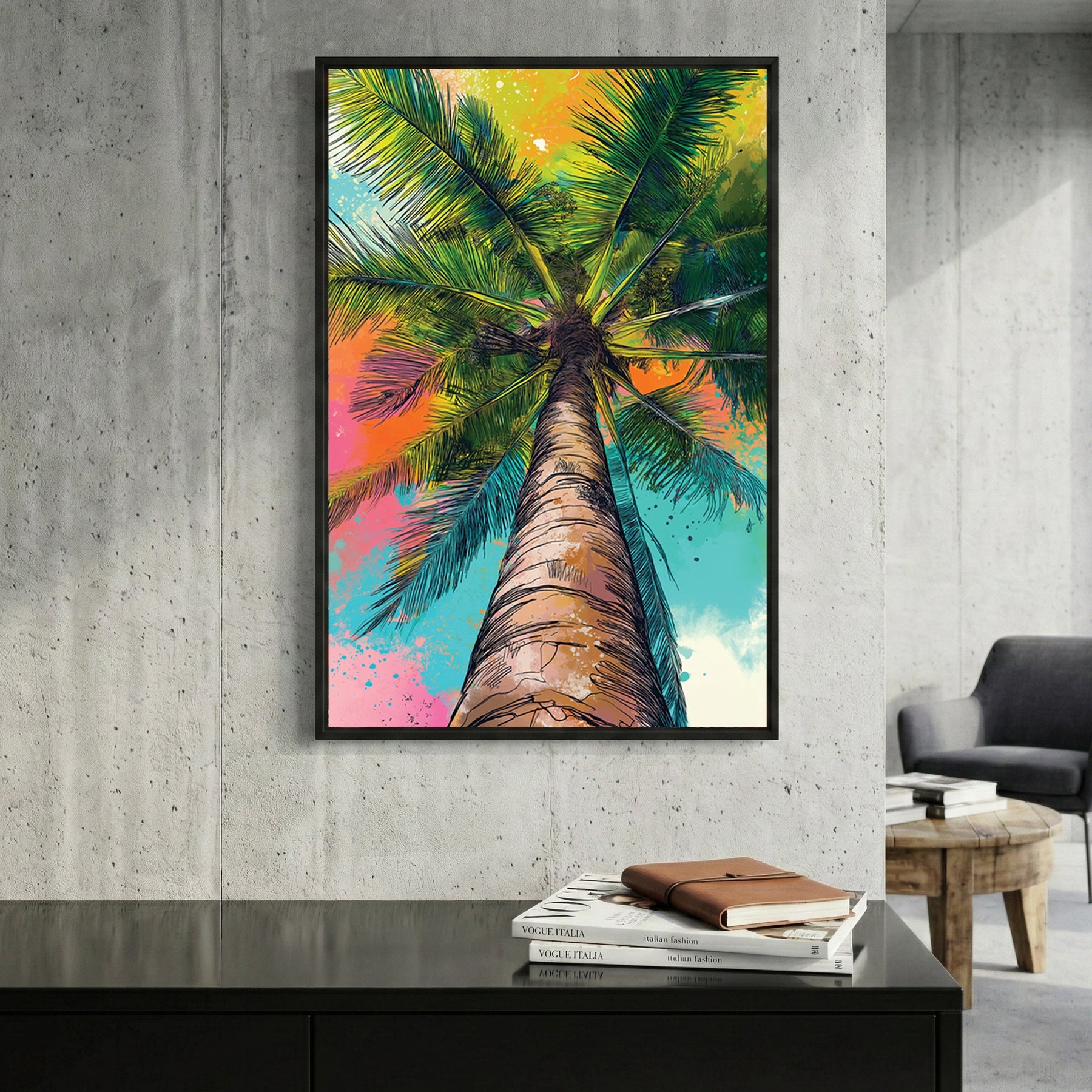 Palm tree illustration in neon green, yellow, pink, and teal colours viewed from below