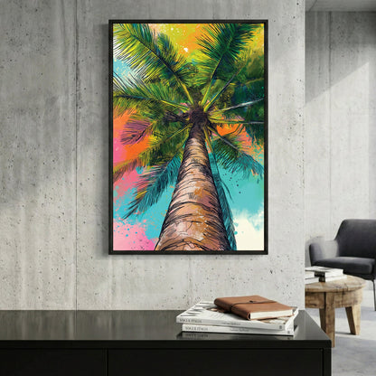 Palm tree illustration in neon green, yellow, pink, and teal colours viewed from below