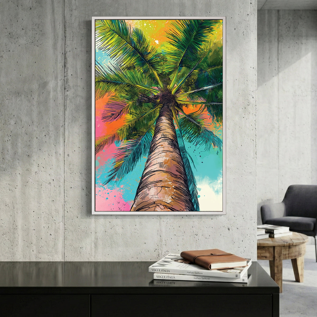 Palm tree illustration in neon green, yellow, pink, and teal colours viewed from below