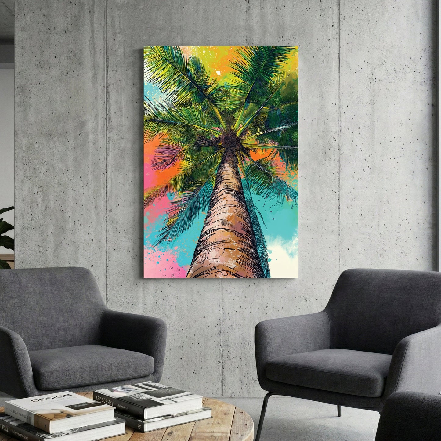 Palm tree illustration in neon green, yellow, pink, and teal colours viewed from below