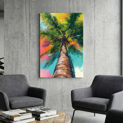 Palm tree illustration in neon green, yellow, pink, and teal colours viewed from below