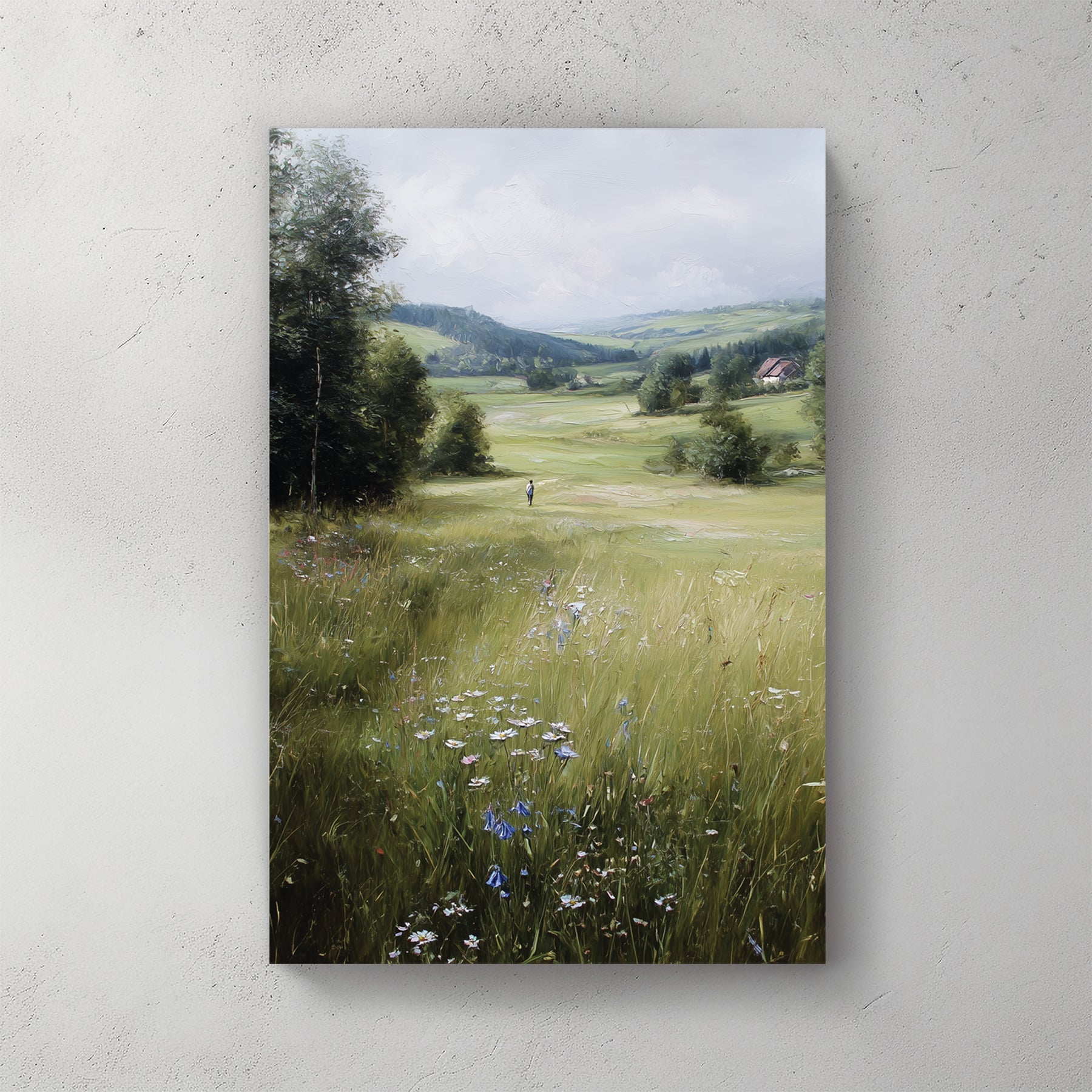 Alpine meadow landscape with wildflowers and mountains, impressionist style wall art print