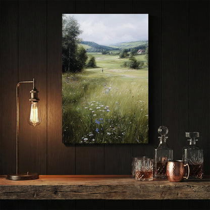 Alpine meadow landscape with wildflowers and mountains, impressionist style wall art print