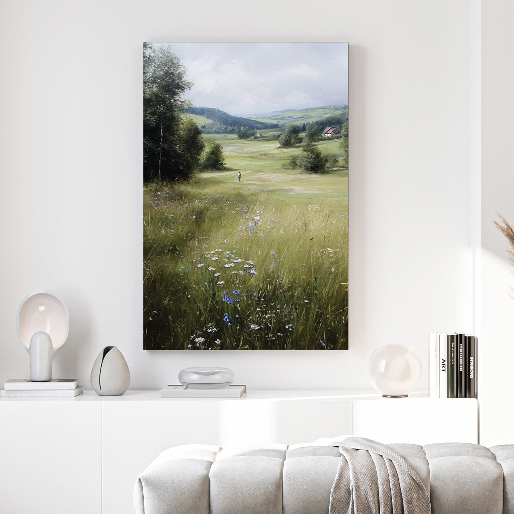 Alpine meadow landscape with wildflowers and mountains, impressionist style wall art print