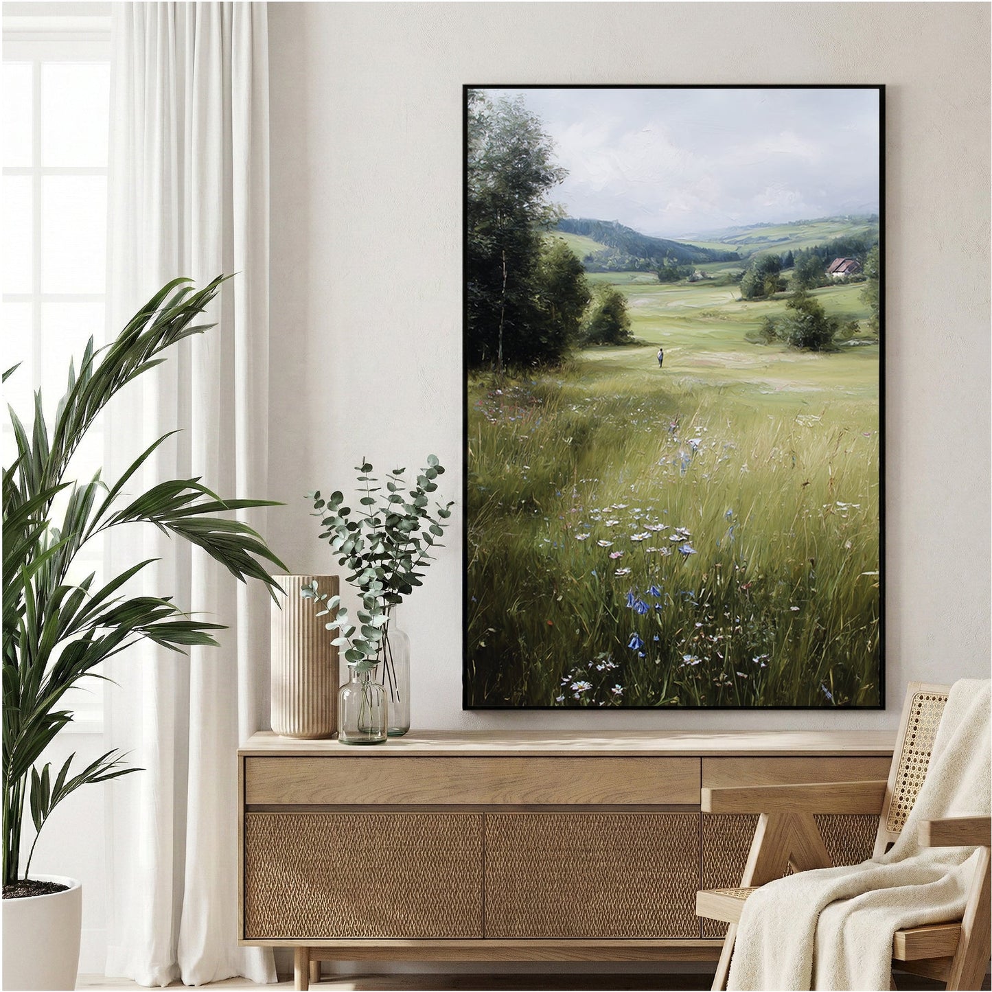 Alpine meadow landscape with wildflowers and mountains, impressionist style wall art print