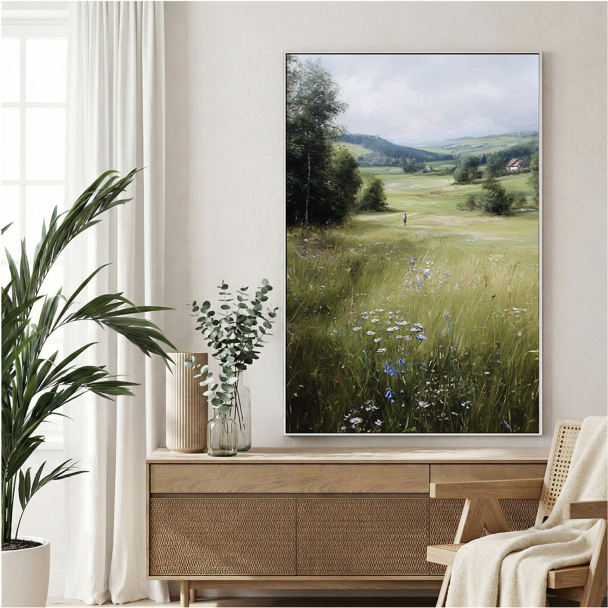 Alpine meadow landscape with wildflowers and mountains, impressionist style wall art print