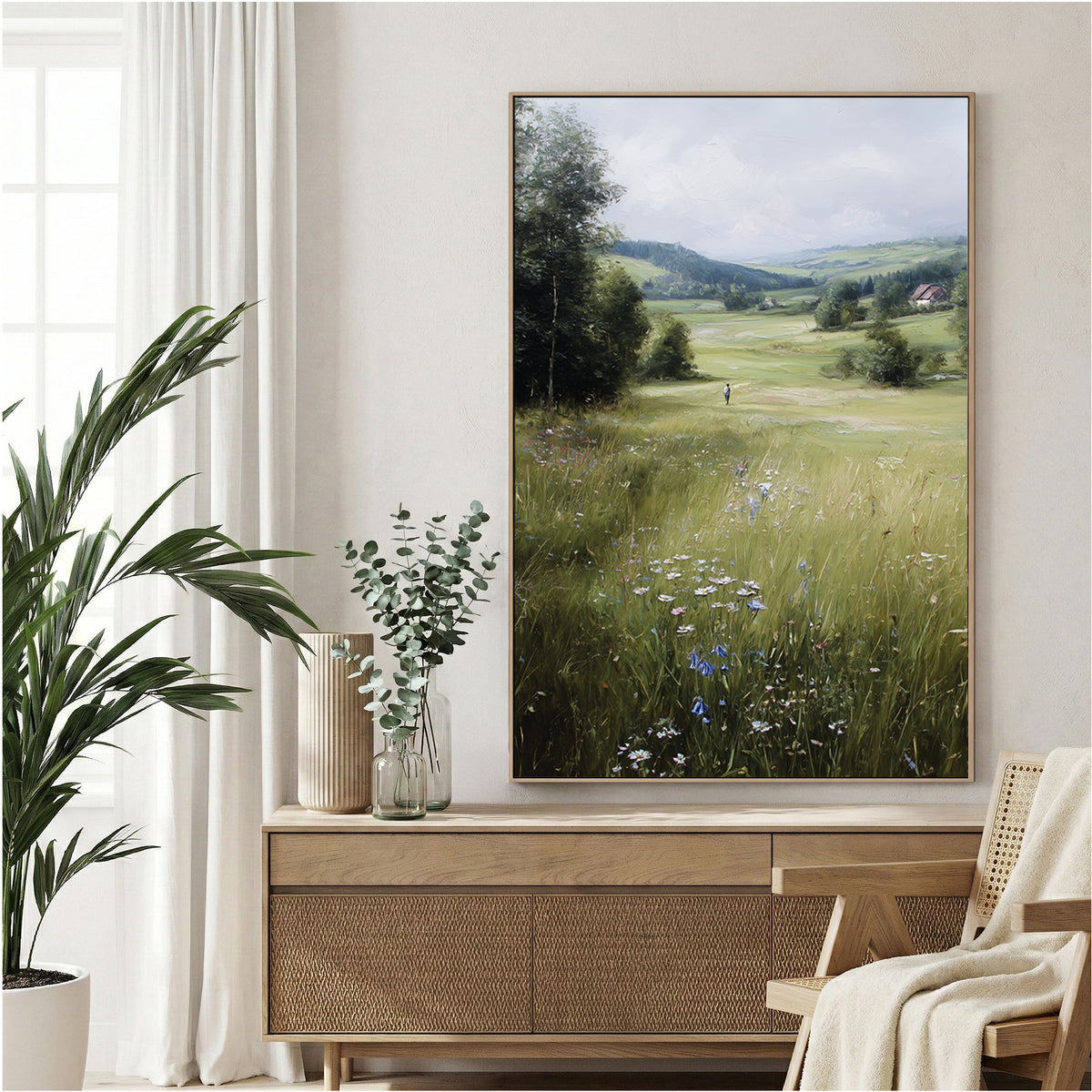Alpine meadow landscape with wildflowers and mountains, impressionist style wall art print
