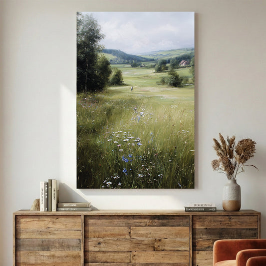 Alpine meadow landscape with wildflowers and mountains, impressionist style wall art print