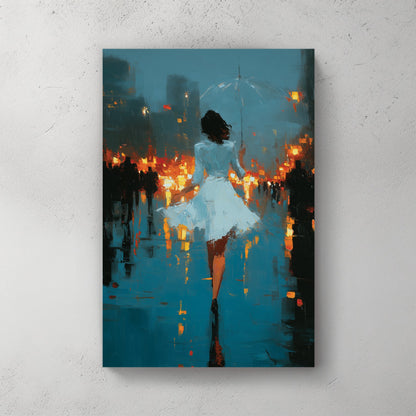 Woman in white dress in rain-soaked city street with lights, contemporary illustration