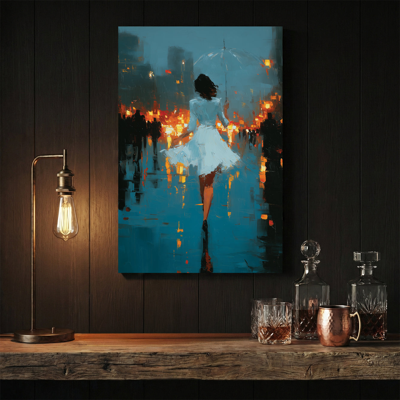 Woman in white dress in rain-soaked city street with lights, contemporary illustration