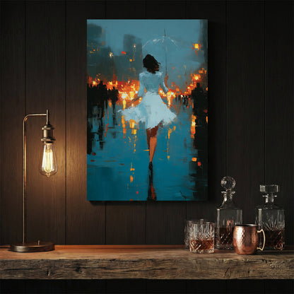 Woman in white dress in rain-soaked city street with lights, contemporary illustration