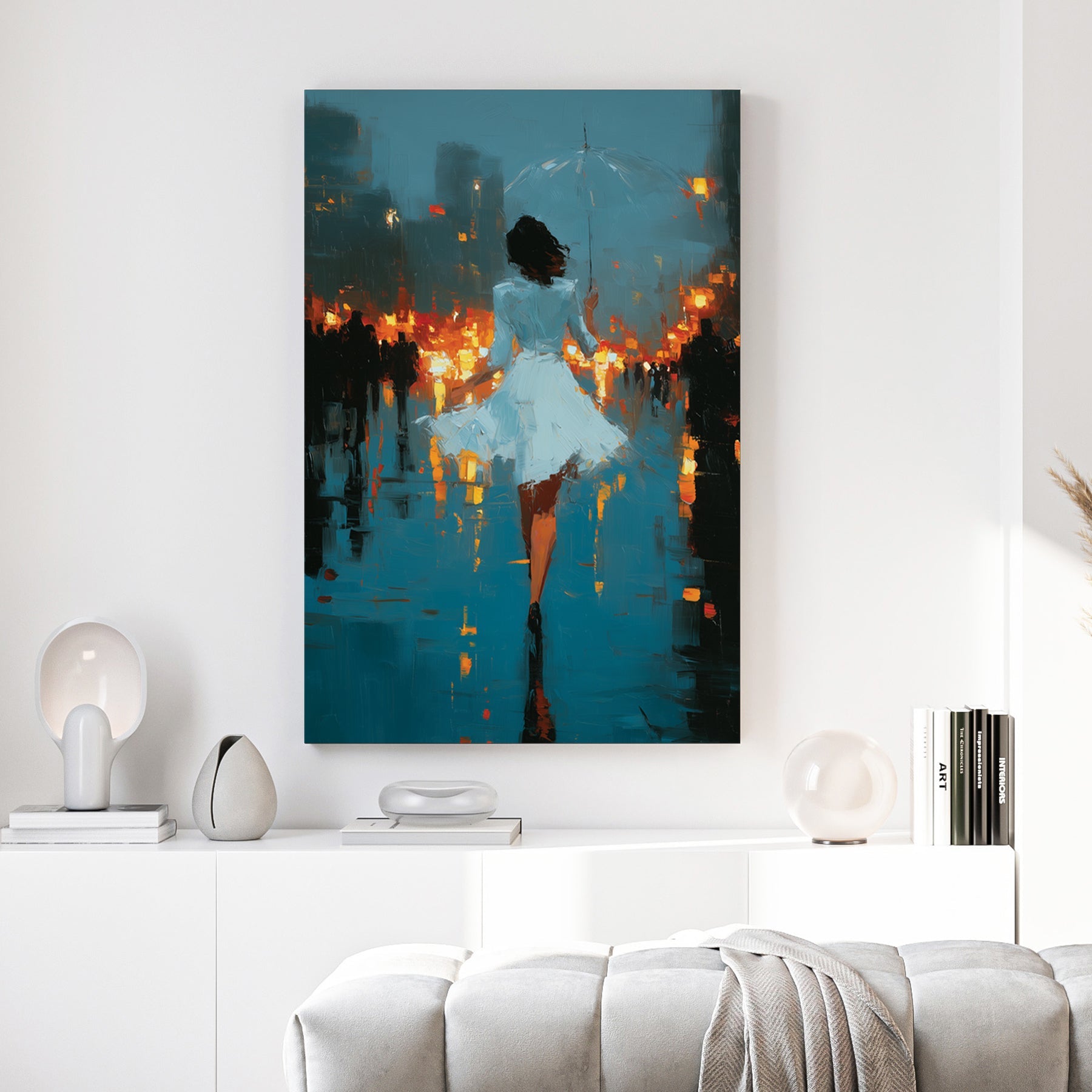 Woman in white dress in rain-soaked city street with lights, contemporary illustration