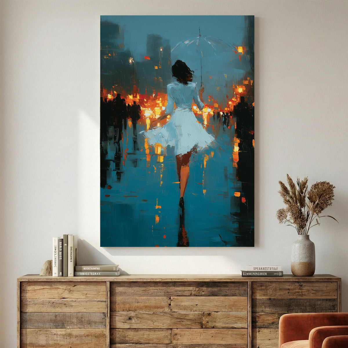 Woman in white dress in rain-soaked city street with lights, contemporary illustration