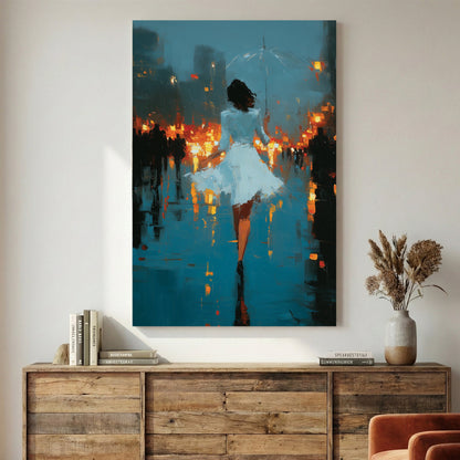 Woman in white dress in rain-soaked city street with lights, contemporary illustration