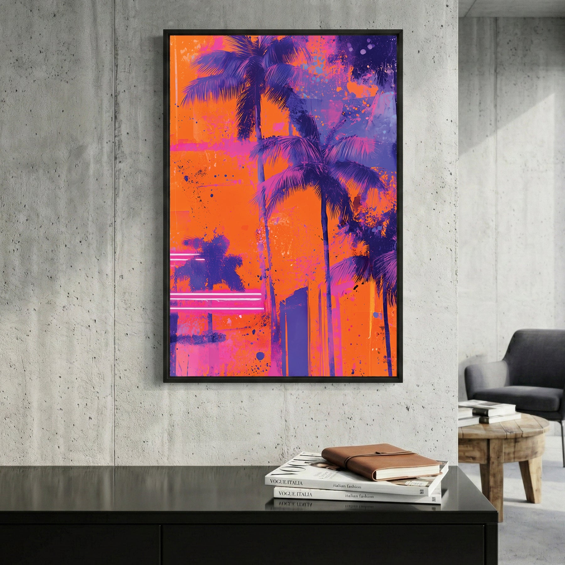 Neon palm trees in electric colours, pop art style wall art print