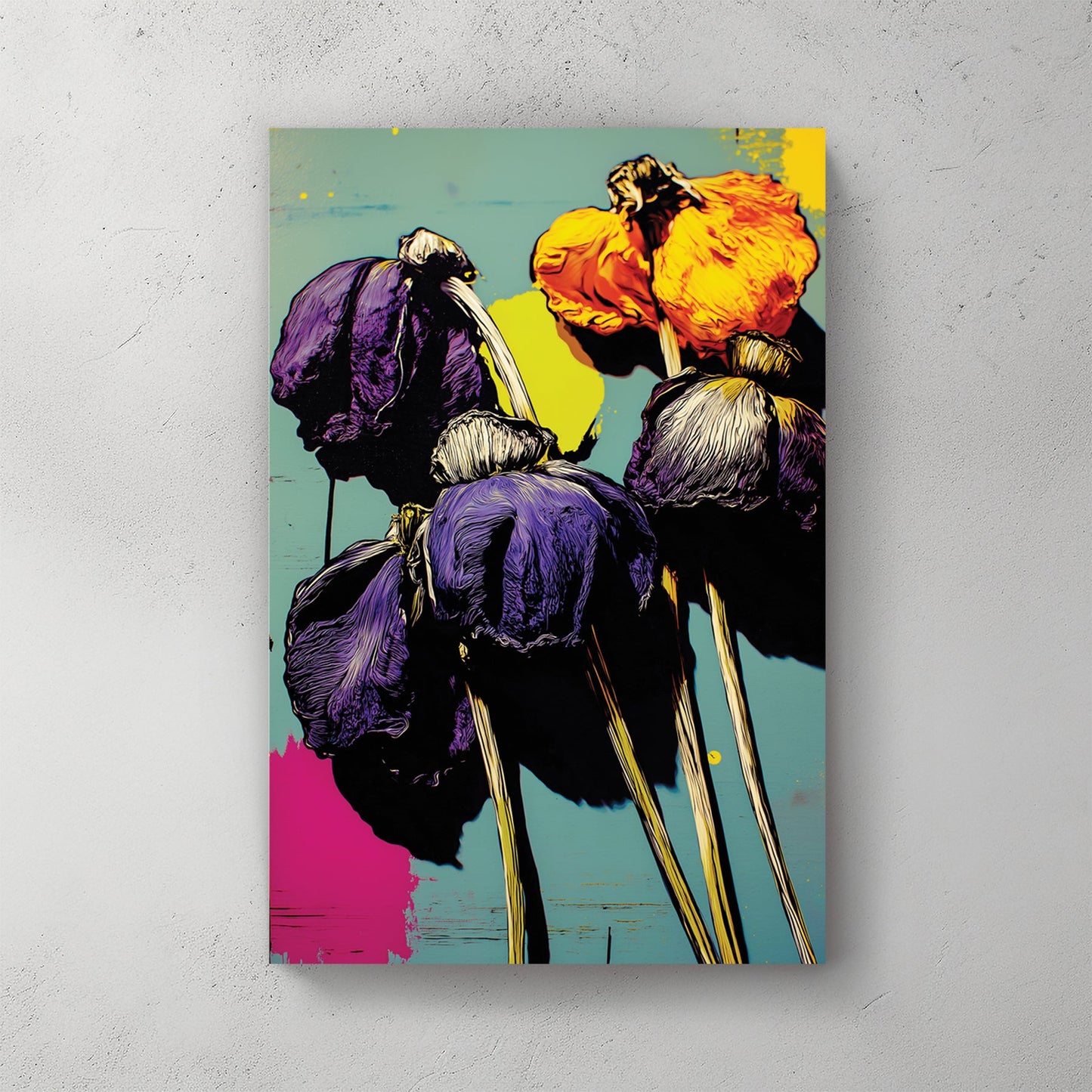 Pop art purple flowers with yellow centres and pink accents in graphic style