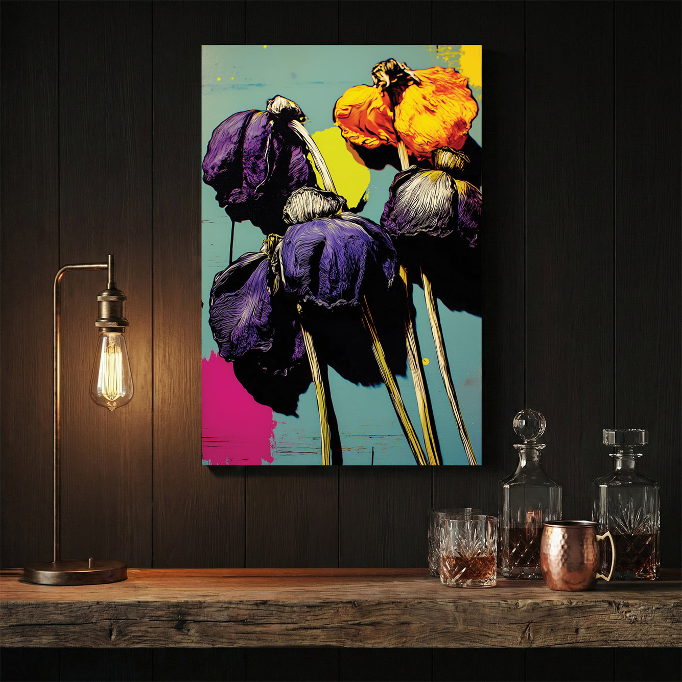 Pop art purple flowers with yellow centres and pink accents in graphic style