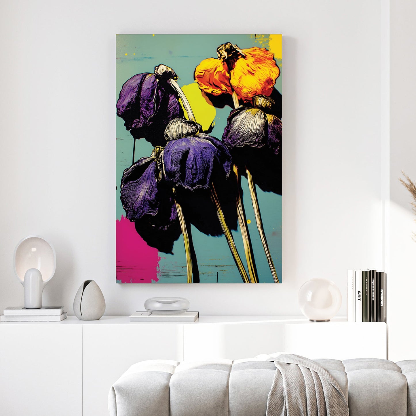 Pop art purple flowers with yellow centres and pink accents in graphic style