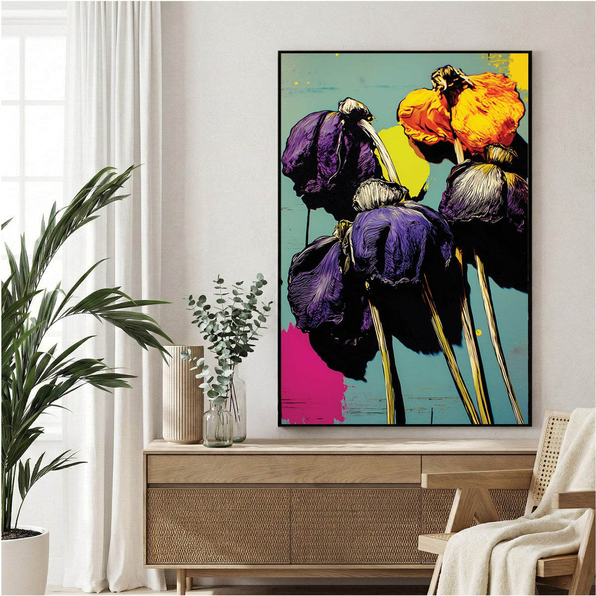 Pop art purple flowers with yellow centres and pink accents in graphic style