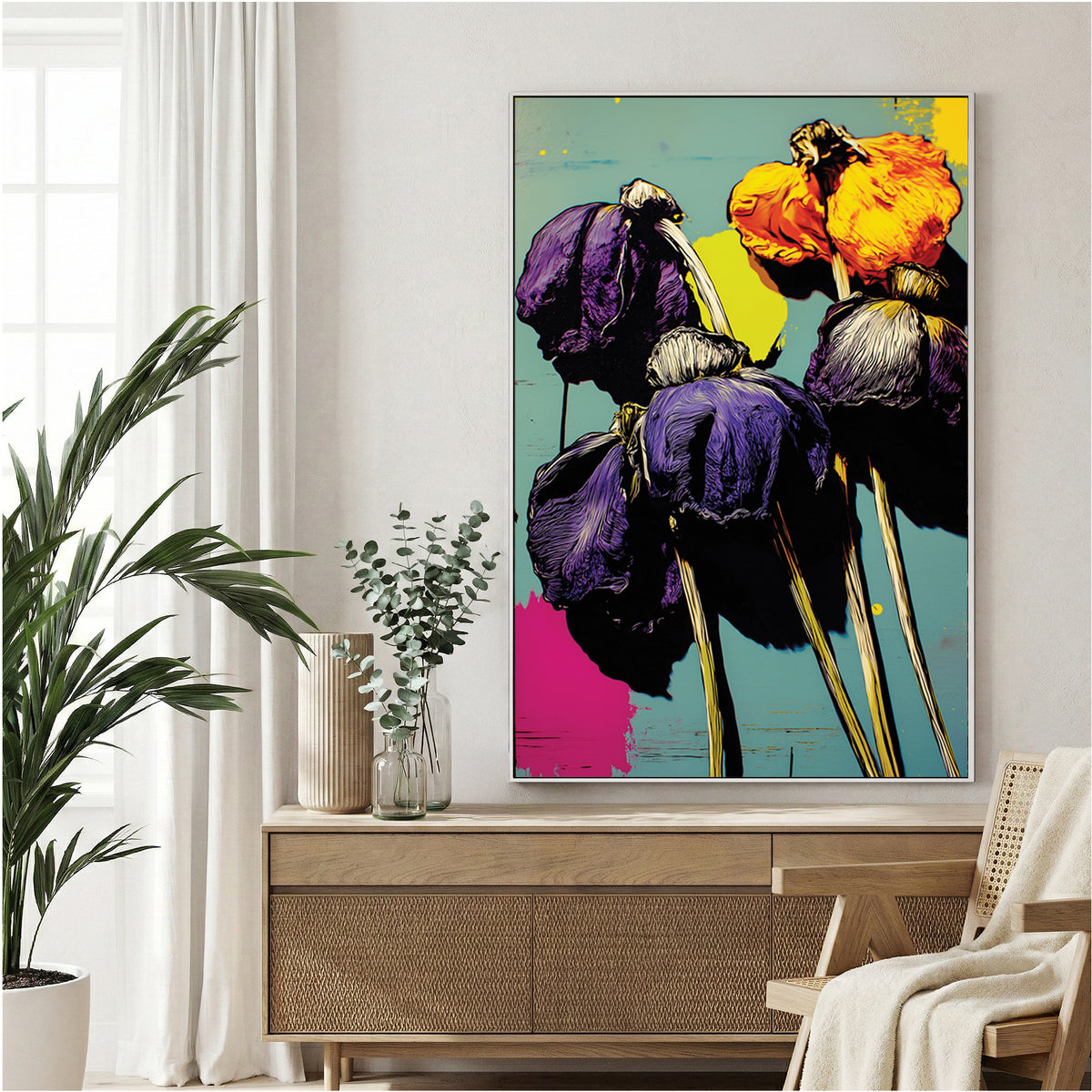Pop art purple flowers with yellow centres and pink accents in graphic style