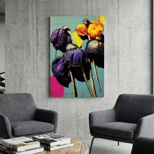 Pop art purple flowers with yellow centres and pink accents in graphic style