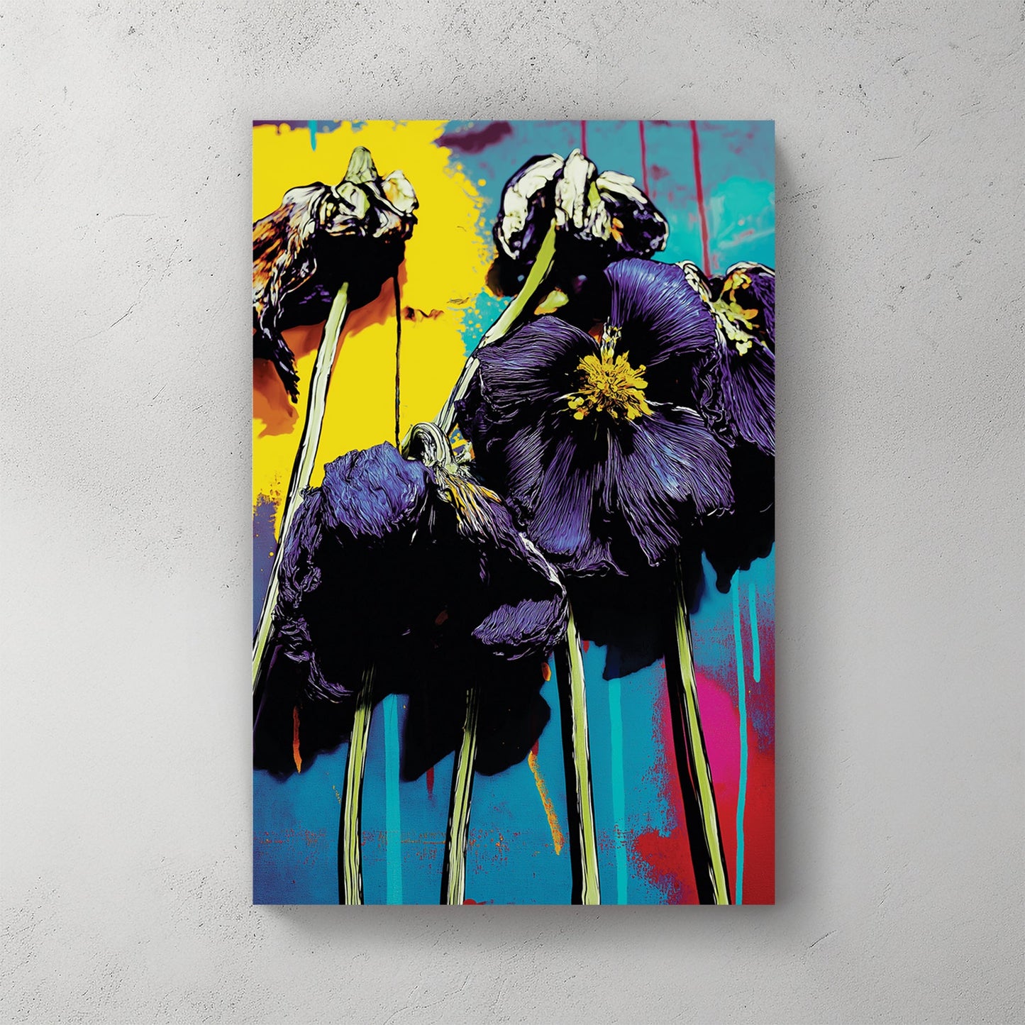 Pop art purple poppies with yellow and magenta accents in graphic style