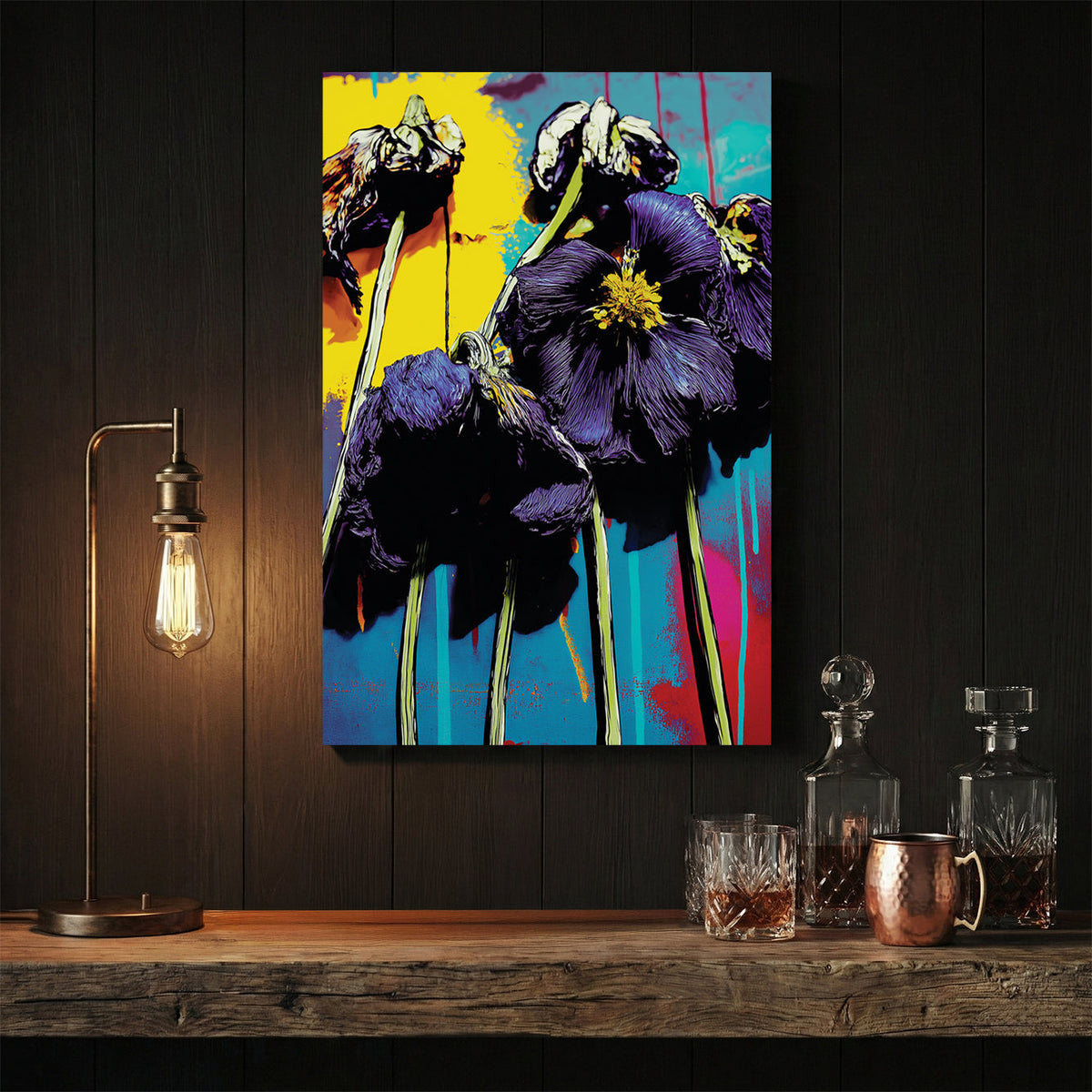 Pop art purple poppies with yellow and magenta accents in graphic style