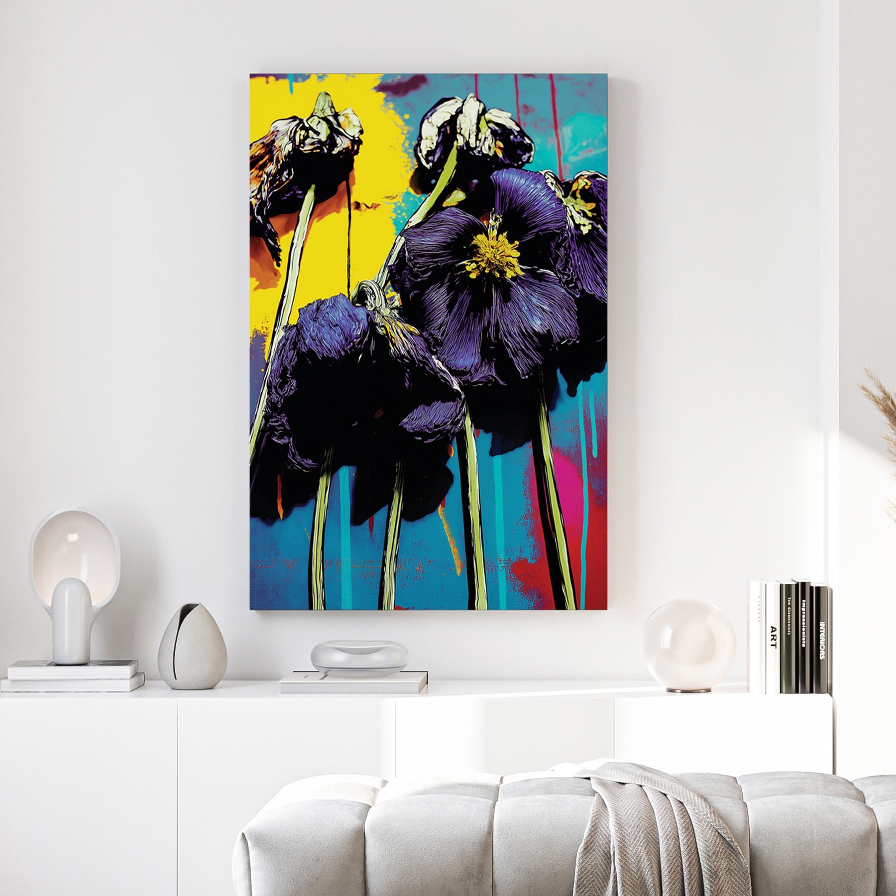 Pop art purple poppies with yellow and magenta accents in graphic style