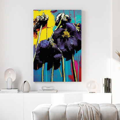Pop art purple poppies with yellow and magenta accents in graphic style