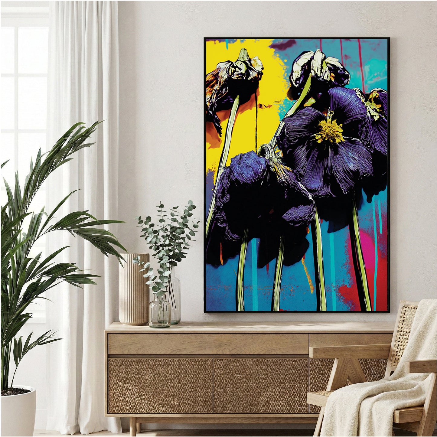 Pop art purple poppies with yellow and magenta accents in graphic style