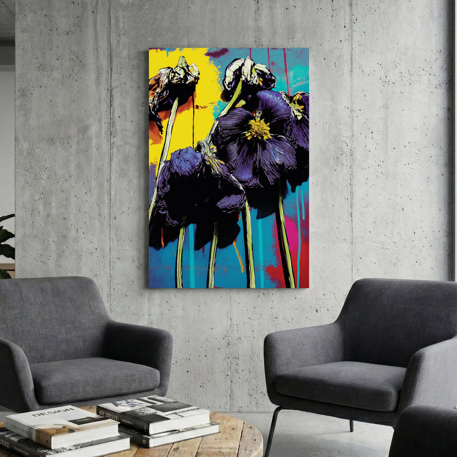 Pop art purple poppies with yellow and magenta accents in graphic style
