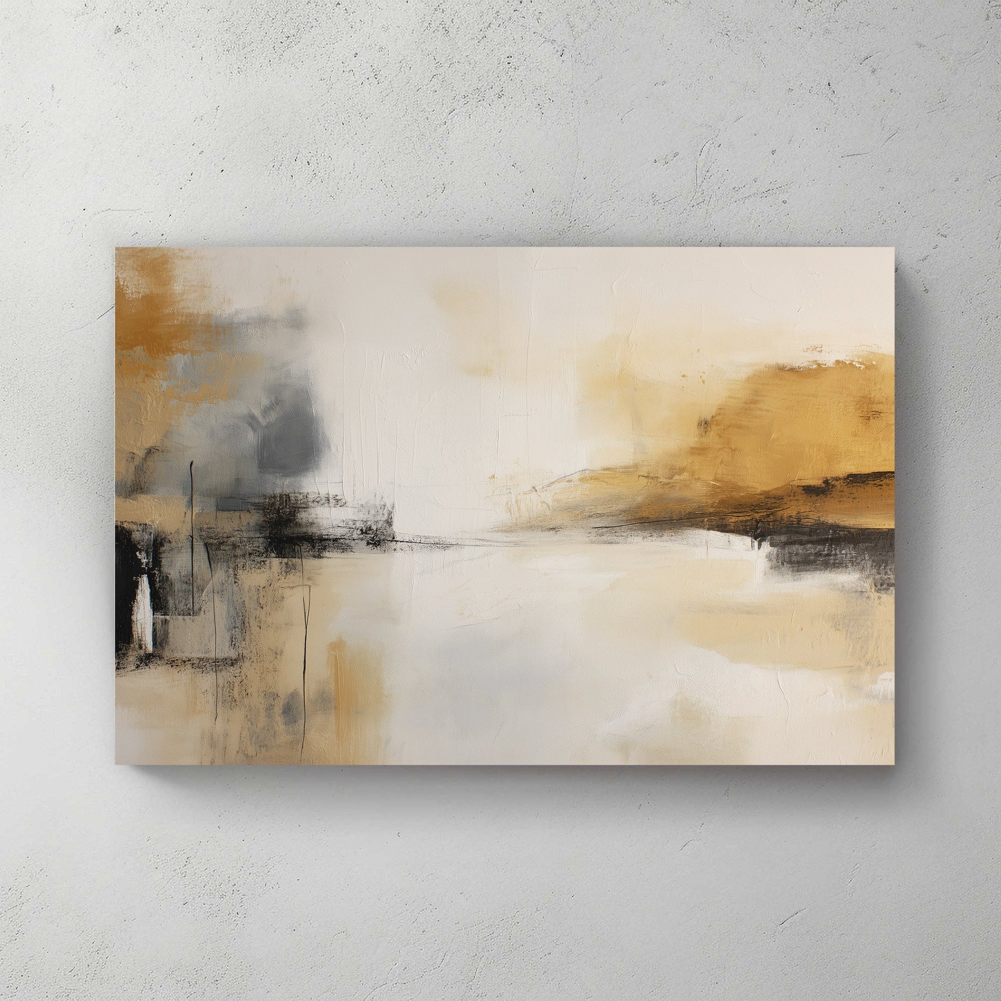 Coastal landscape watercolour in soft beige, white, and grey tones