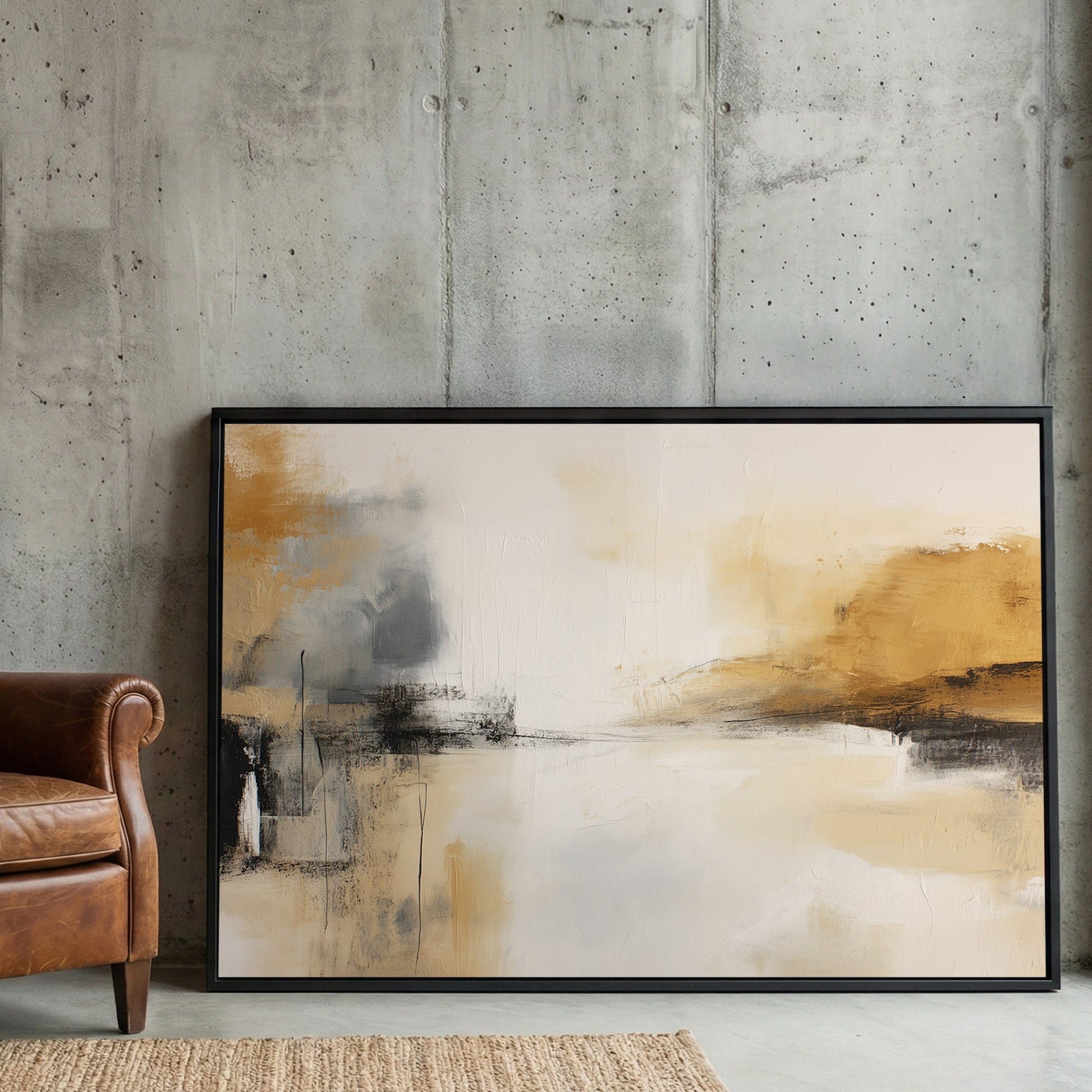 Coastal landscape watercolour in soft beige, white, and grey tones