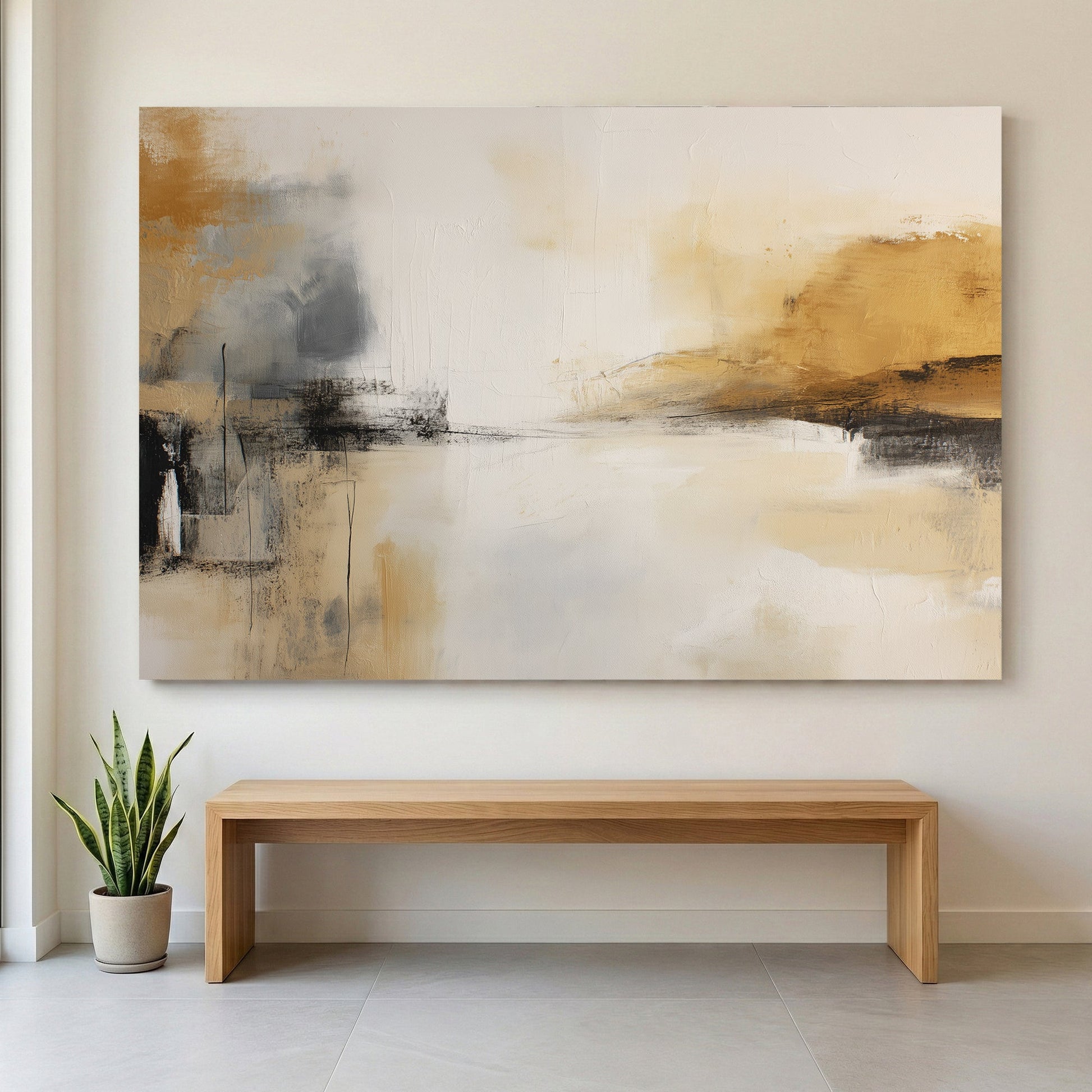 Coastal landscape watercolour in soft beige, white, and grey tones