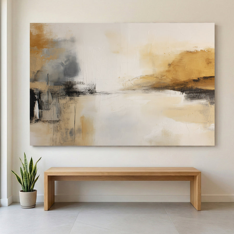 Coastal landscape watercolour in soft beige, white, and grey tones