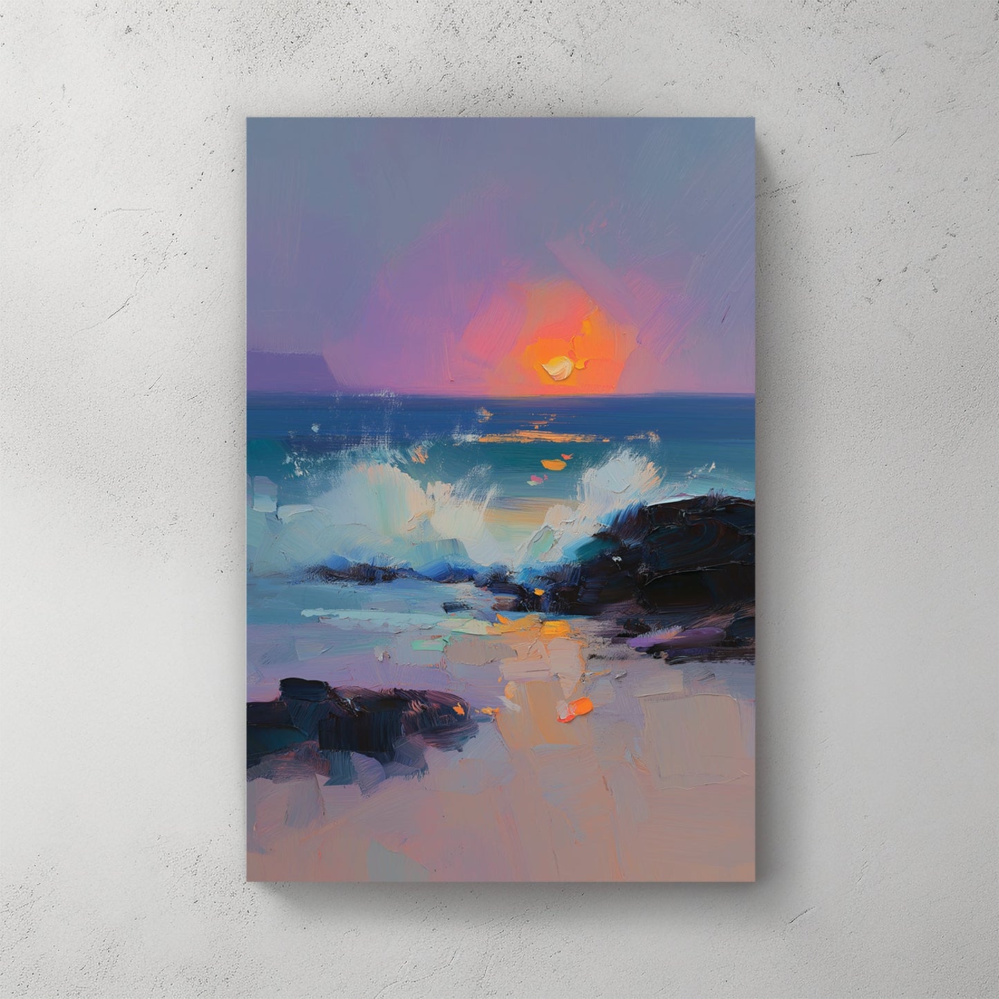 Ocean sunset watercolour with golden orange tones and purple sky over water