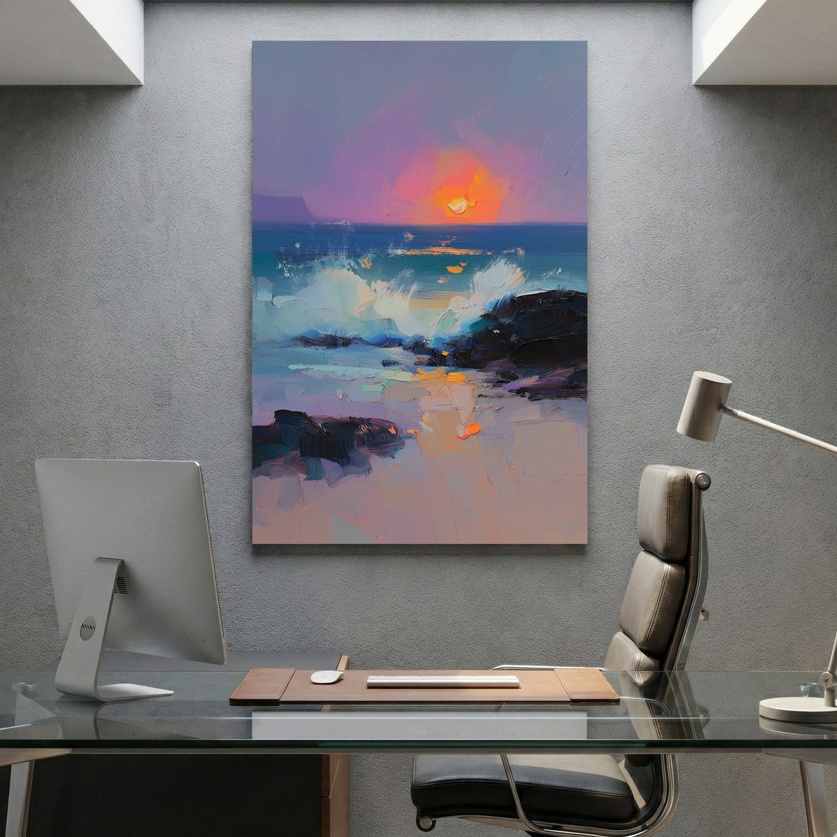 Ocean sunset watercolour with golden orange tones and purple sky over water
