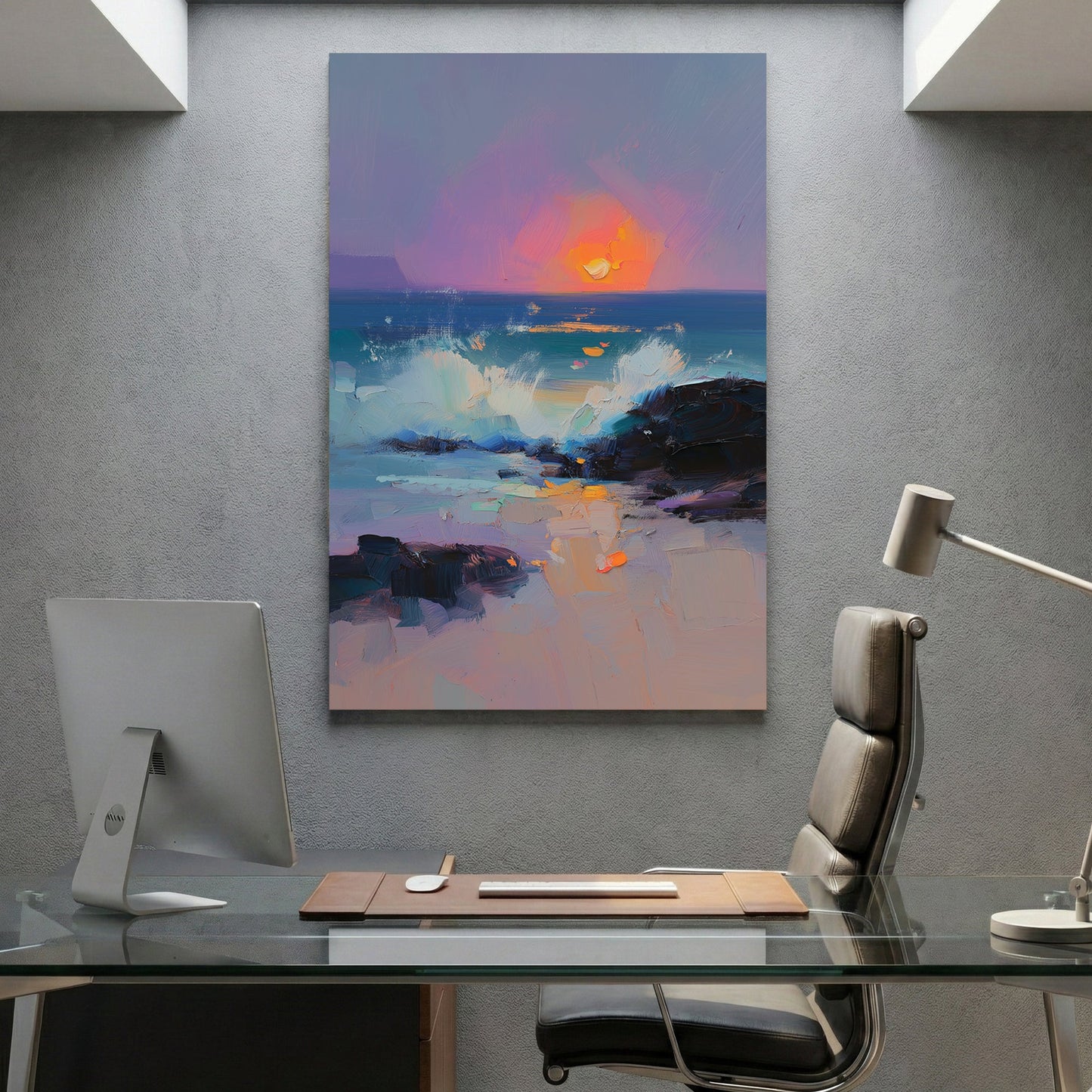 Ocean sunset watercolour with golden orange tones and purple sky over water