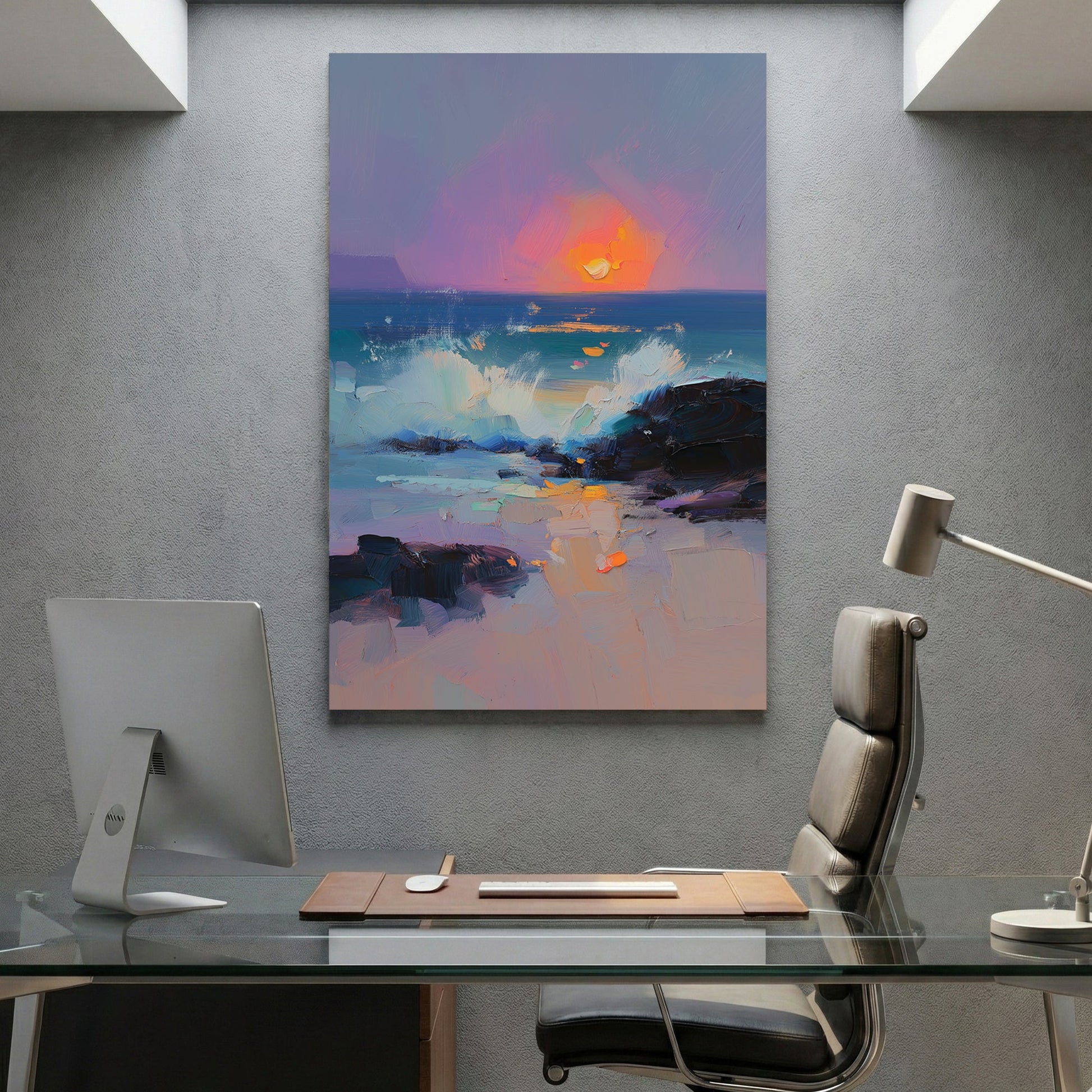 Ocean sunset watercolour with golden orange tones and purple sky over water