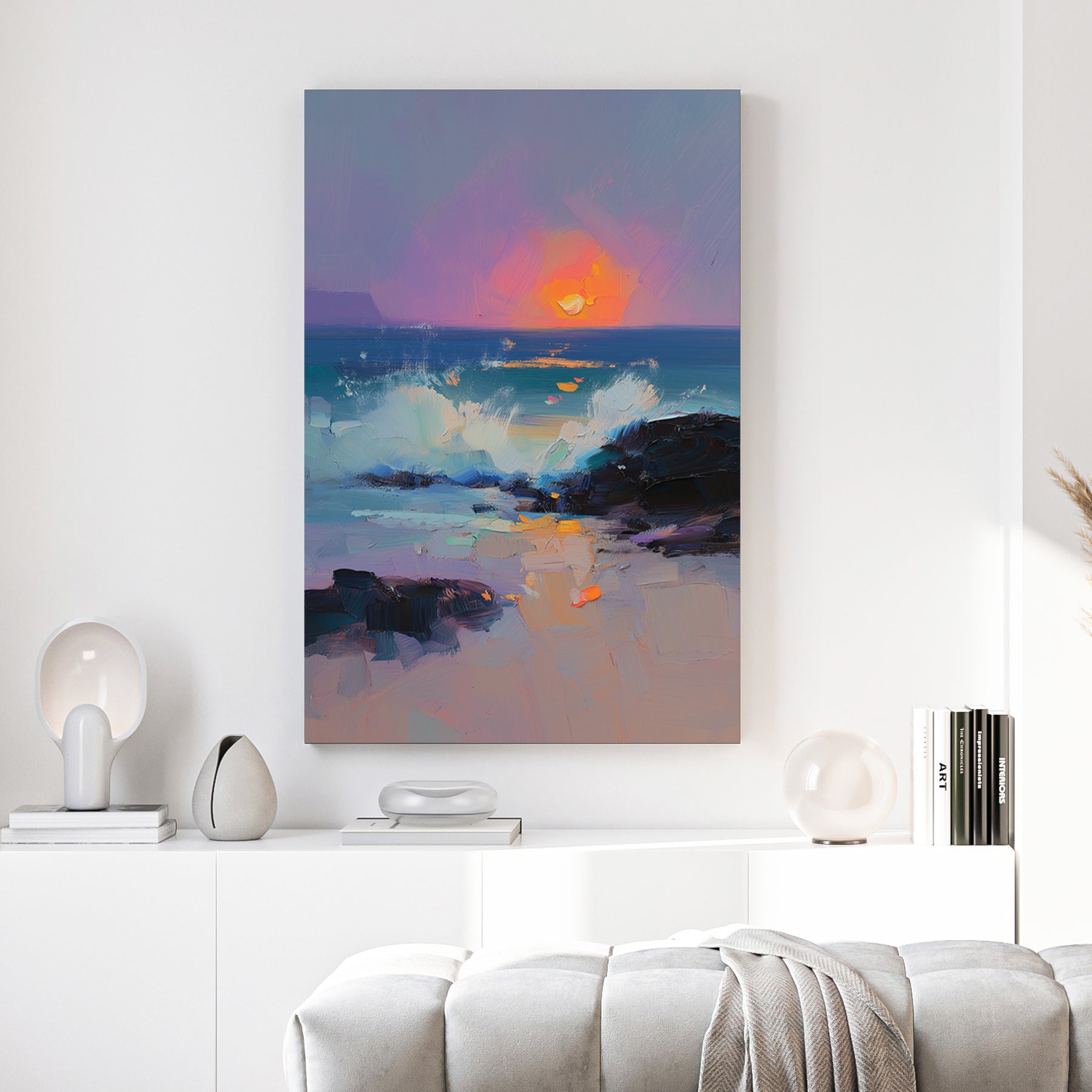 Ocean sunset watercolour with golden orange tones and purple sky over water