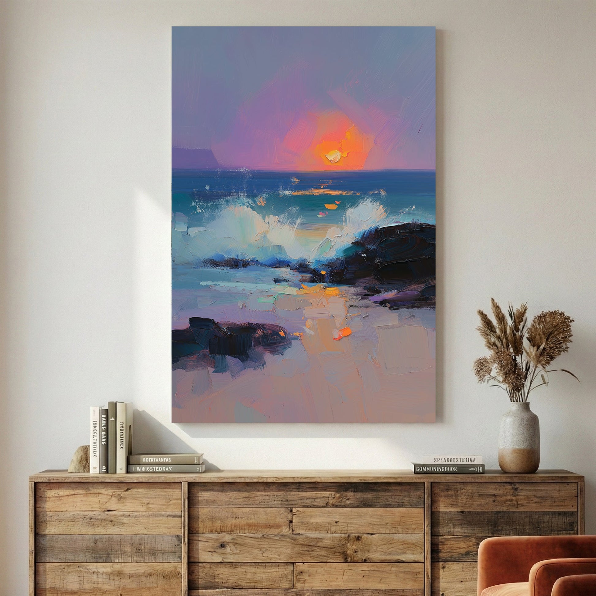 Ocean sunset watercolour with golden orange tones and purple sky over water