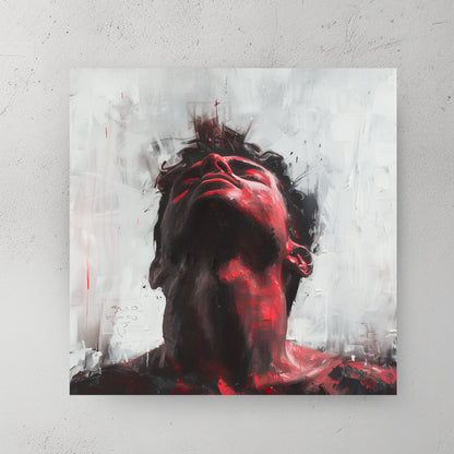 Expressive mixed media portrait with red and black accents on white background