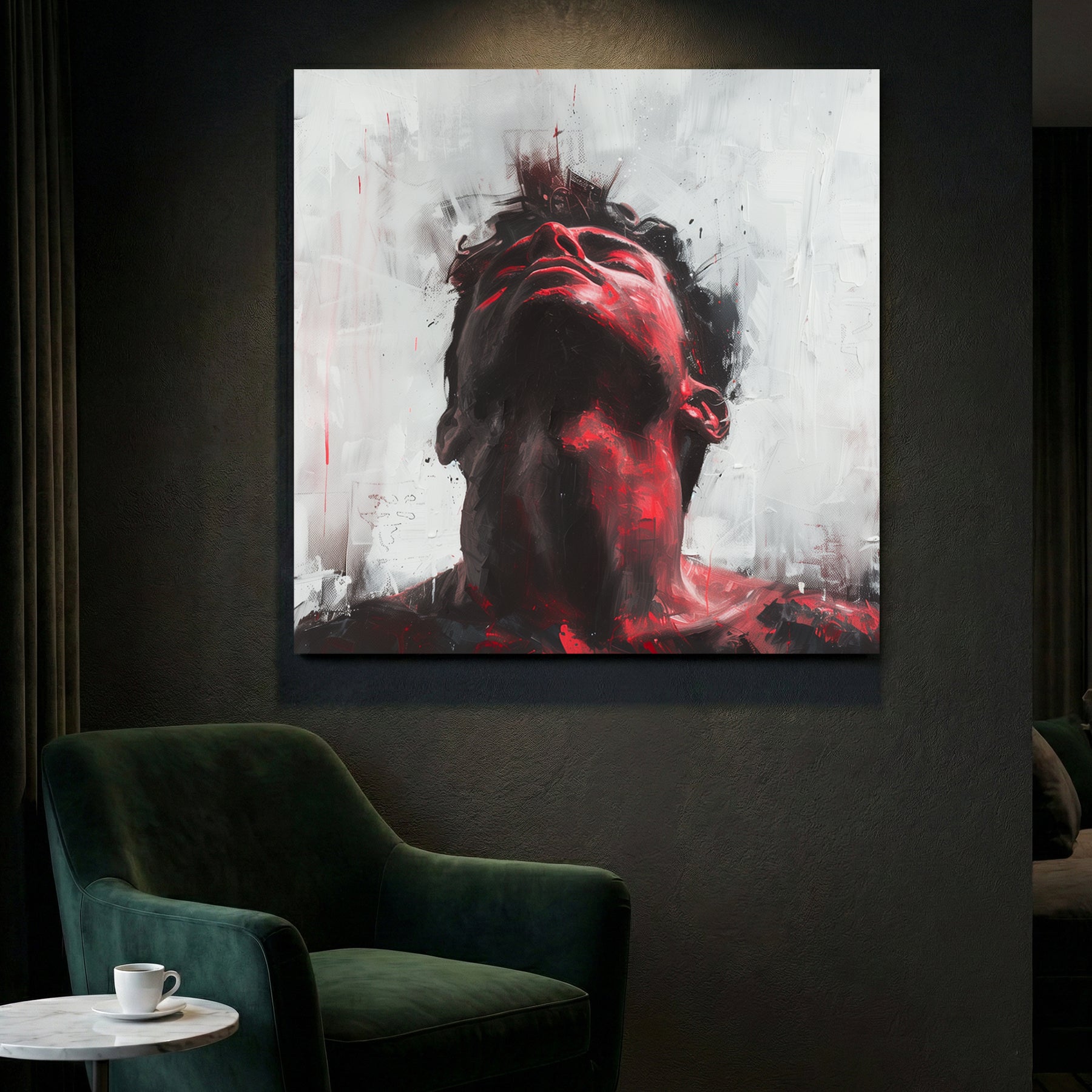 Expressive mixed media portrait with red and black accents on white background