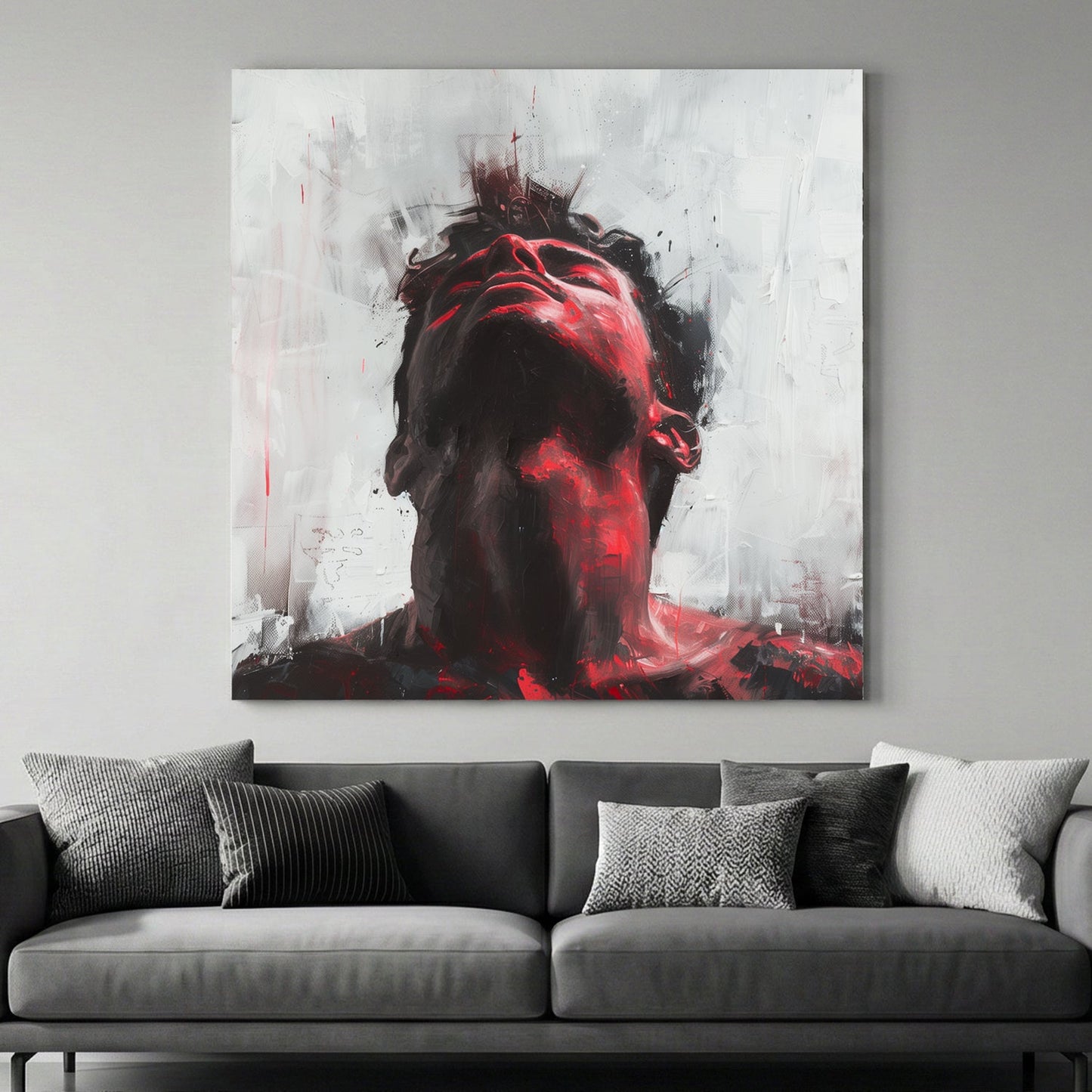 Expressive mixed media portrait with red and black accents on white background