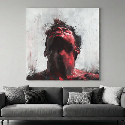 Expressive mixed media portrait with red and black accents on white background