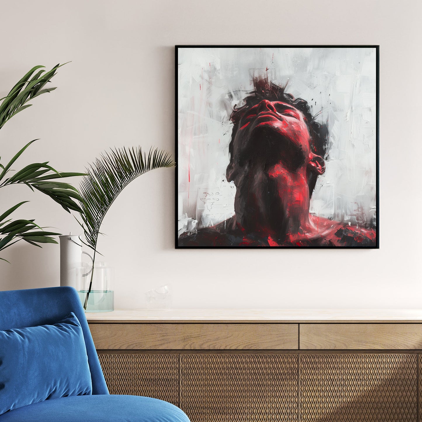 Expressive mixed media portrait with red and black accents on white background